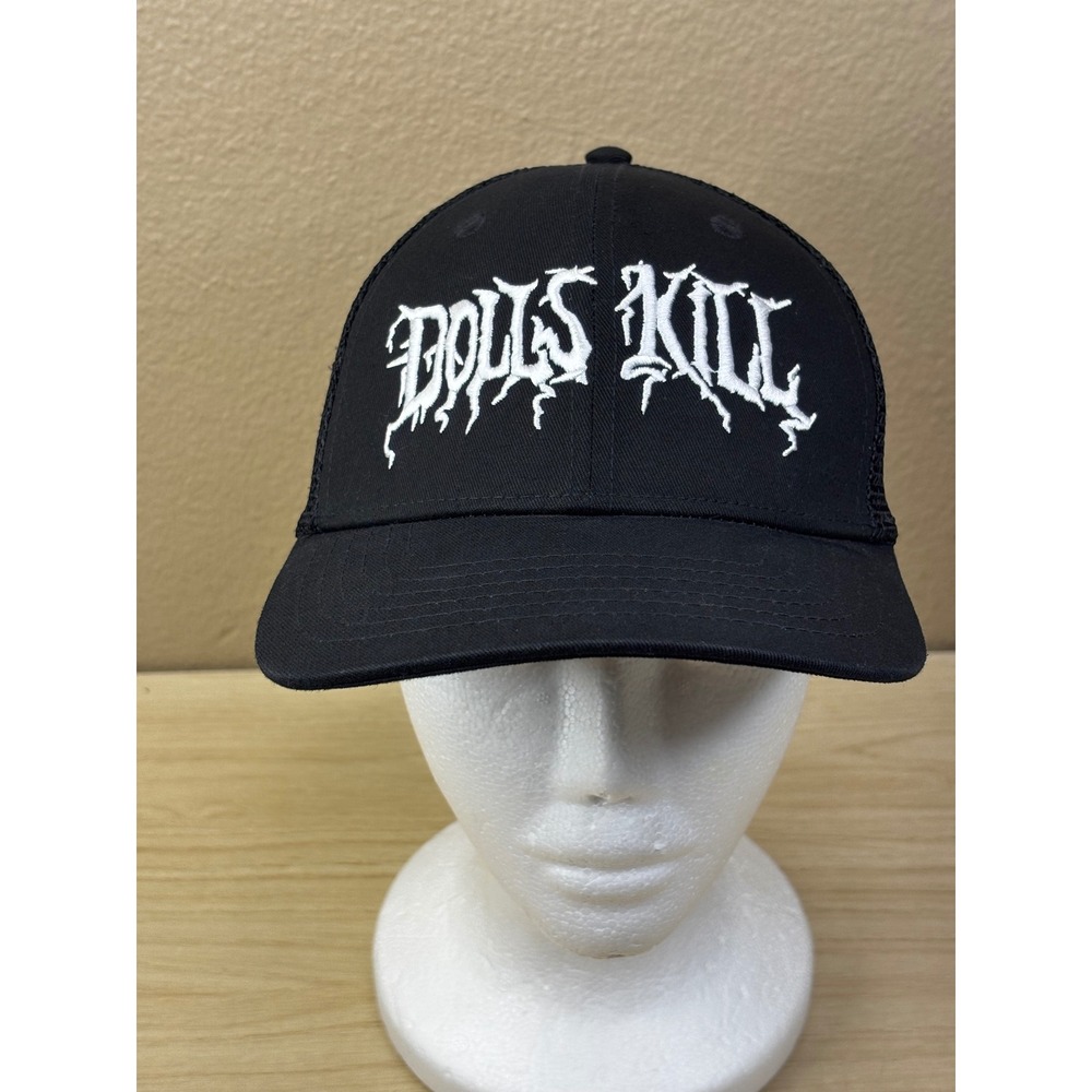 Dolls Kill Black Trucker Hat White Embroidered Snapback Cap Mesh Back